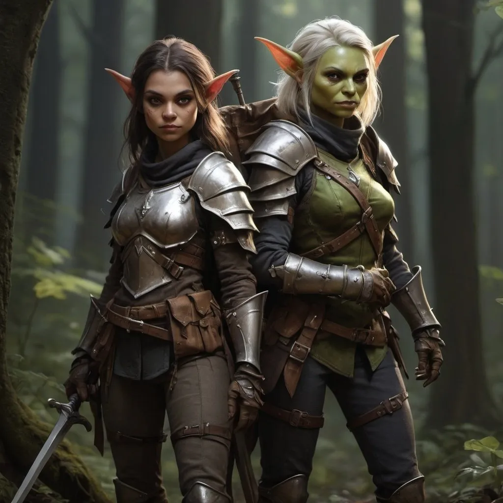 Prompt: gorgeous young female goblin and human female paladin, full body, digital art, high detail, realistic, dnd character style, dark lighting, forest, leather gear, backpack, dagger