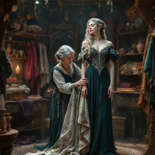 Prompt: digital art, woman on pedestal, old woman seamstress taking measurments,  medieval fantasy clothing shop, intricate textile patterns, rich colors, warm ambient lighting, vintage sewing tools, detailed wooden shelves, enchanting atmosphere, cozy vibe, high quality, ultra-detailed, artistic representation of craftsmanship and creativity in fashion design.