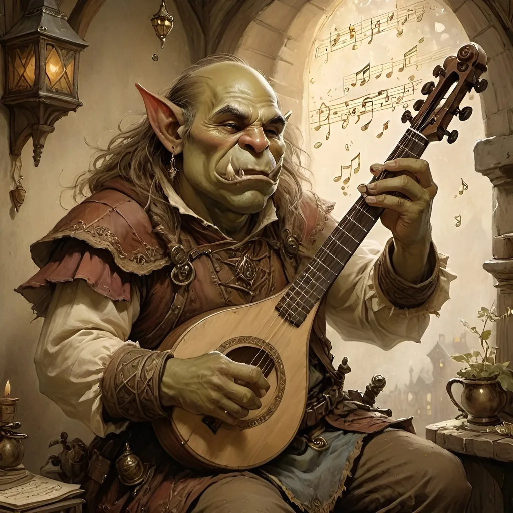 Prompt: DnD orc bard playing instrument, magical musical notes streaming in the air, Anton Pieck style painting, vintage warm tones, intricate details, whimsical fantasy, medieval, high quality, oil painting, good hair, charming, enchanting, intricate details, cozy lighting