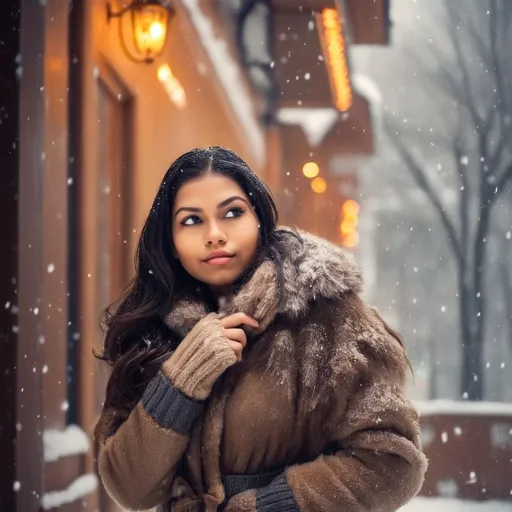 Prompt: gorgeous full body woman, furry winter outfit, standing in the snowfall,  body hugging outfit, (dynamic pose), bright and polished aesthetic, warm lighting accentuating curves, elegant makeup, inviting smile, home care setting , cute winter boots, welcoming you vibrant ambiance, (highly detailed), ultra HD.