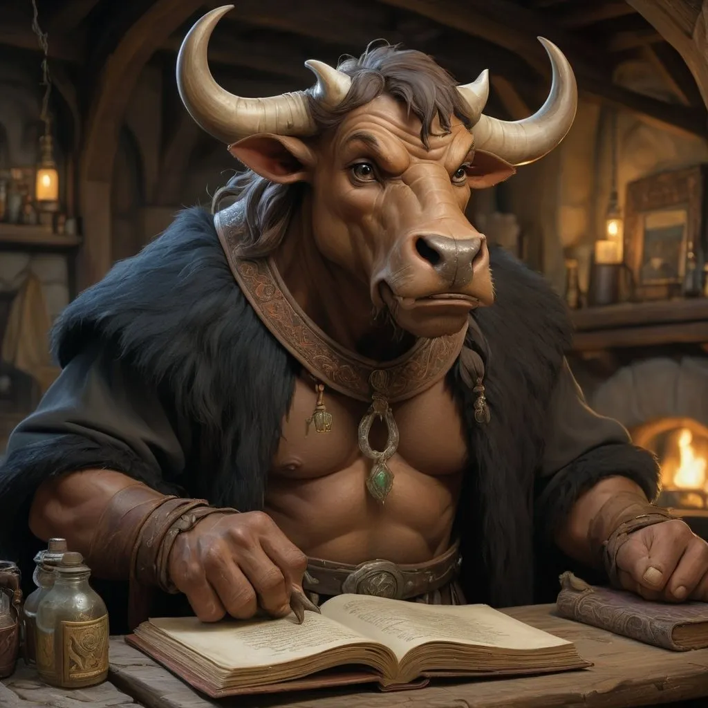 Prompt: Hyperrealistic medieval fantasy oil painting of a minataur mage DnD character, in a tavern, Bull nose, cow legs, hooves, black fur, spellbook, in ornate detailed mages robe, mountianside, dramatic lighting, detailed facial features, high quality, DnD character, dramatic lighting, professional quality, Anton Pieck style, 
