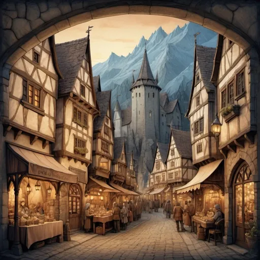 Prompt: Anton Pieck style illustration of an imposing medieval fantasy market street at dusk, , terrasses, high in the mountains, vintage paper texture, intricate line work, high detail, mystical atmosphere, warm and nostalgic tones, soft lighting, high quality, warm window lighting, romantic