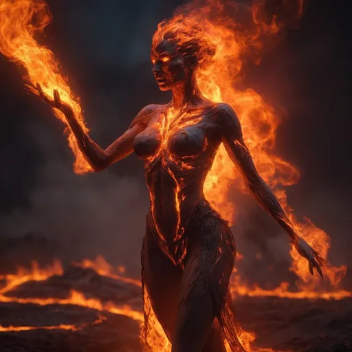 Prompt: (female humanoid fire elemental), body covering blazing flames, body of magma,  ethereal glow, flickering light, fiery aura, intense heat, swirling embers, charred ground, vibrant orange and red tones, high-contrast lighting, dramatic shadows, mystical atmosphere, otherworldly, inferno background, ultra-detailed, 4K, fantasy art, epic scene, high-intensity, mesmerizing blaze, darkened surroundings, smokey tendrils