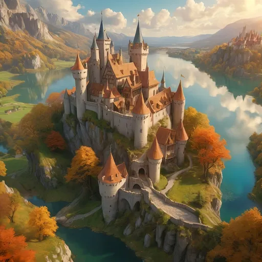 Prompt: (breathtaking aerial view), magnificent (medieval fantasy) castle perched on a towering cliff, with a parklike courtyard, charming fairytale village nestled in the valley below, tranquil lake shimmering in the background, enchanting fairytale atmosphere, radiant golden clouds reflecting sunlight, vibrant colors, ultra-detailed, cinematic quality, high-definition.