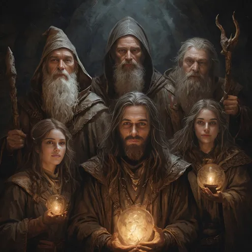 Prompt: realistic digital art painting of fantasy style wizards, dnd Characters, earthy tones, darkness, magic light,  high qualtiy faces, highly detailed,  atmospheric lighting, high quality, encaustic painting, earthy tones, detailed, medieval fantasy, darkness, atmospheric lighting
