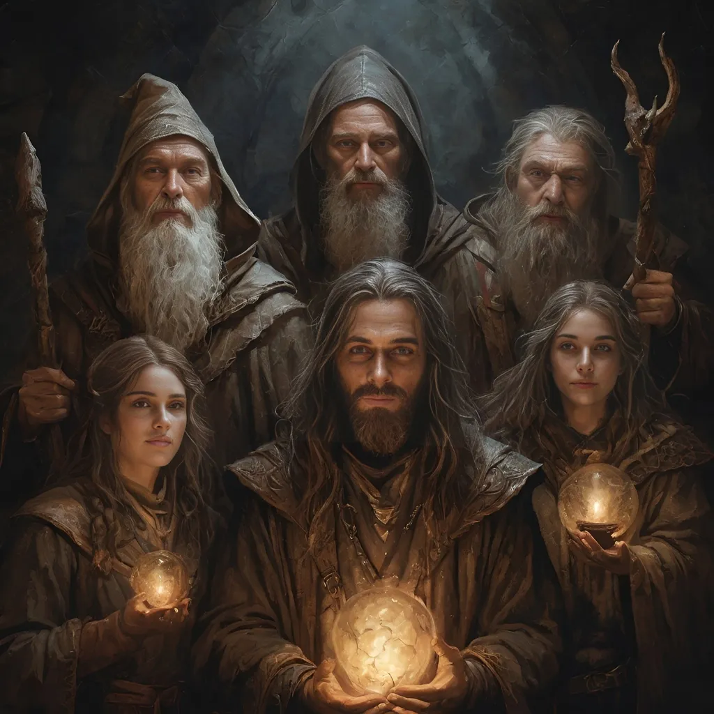 Prompt: realistic digital art painting of fantasy style wizards, dnd Characters, earthy tones, darkness, magic light,  high qualtiy faces, highly detailed,  atmospheric lighting, high quality, encaustic painting, earthy tones, detailed, medieval fantasy, darkness, atmospheric lighting