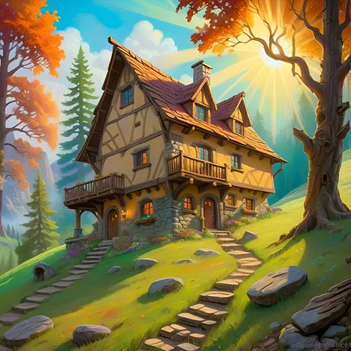 Prompt: Open hillside meadow with an old mystical wood and stone fantasy inn, sun rays filtering through the trees, oil painting, vibrant and colorful lighting, detailed textures, fantasy RPG style, mystical atmosphere, warm and vibrant color tones, detailed architecture, atmospheric lighting, high quality, oil painting, fantasy, vibrant colors, detailed textures, mystical atmosphere, warm tones, sun rays, RPG style, detailed architecture