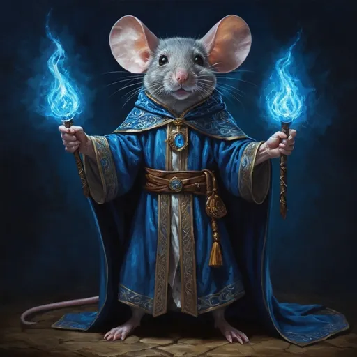 Prompt: Highly detailed full body oil painting of a mouse human hybrid mage character, intricate and mage robes , glowing mages staff, shining spell, spell casting, intense and intelligent gaze, rich and deep color palette, dramatic lighting, professional, detailed, oil painting, rich blue colors, dramatic lighting, high quality