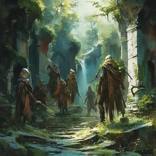 Prompt: (watercolor painting), (DnD monster hunter party), richly detailed characters in dynamic poses, intricately designed weaponry, lush mossy woodlands, ancient ruins shrouded in mystery, (monsters lurking in the shadows), vivid greens and earthy tones, magical lighting casting enchanting shadows, a whimsical yet tense atmosphere, (Justin Gerard style), ultra-detailed, immersive storytelling composition.