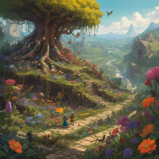 Prompt: (tiny DnD adventurers in a supersized macro world), (majestic flowers and roots), (medieval fantasy setting), (colossal insects), vibrant colors, cheerful sunlight, ultra-detailed, oil painting style, good lighting, lush greenery, expansive vista, fantastical elements