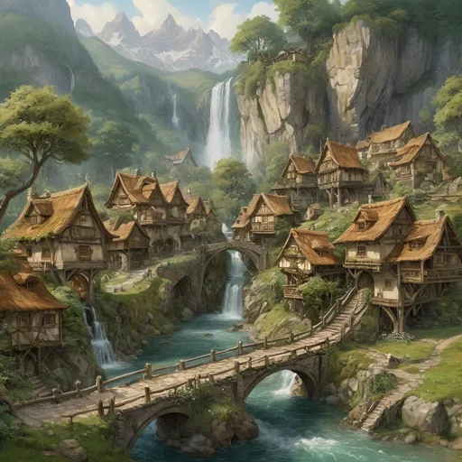 Prompt: realistic oil painting of a  distand Anton Pieck-style elf village, quaint elegant nature combined houses, lush green, giant trees, cascading waterfall, a flowing stream, high quallity, high resolution, detailed, wood bridge, majestic mountains in the background, townscape, detailed and vibrant, high quality, Anton Pieck style, elf village, nostalgic, warm tones, lush green fields, cascading waterfall, mountains, quaint tree houses, castle on the cliff