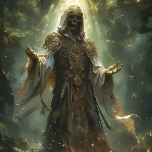 Prompt: (4K) Asimir adivasi Priestes DND character, cloaked in intricate ceremonial robes, standing boldly in a mystical grove, repelling undead forces, (powerful spells) flying through the air amongst a dazzling glow of divine light, vibrant ethereal colors illuminating the scene, lush greenery as the backdrop, (intense atmosphere) filled with urgency and magic, highly detailed.