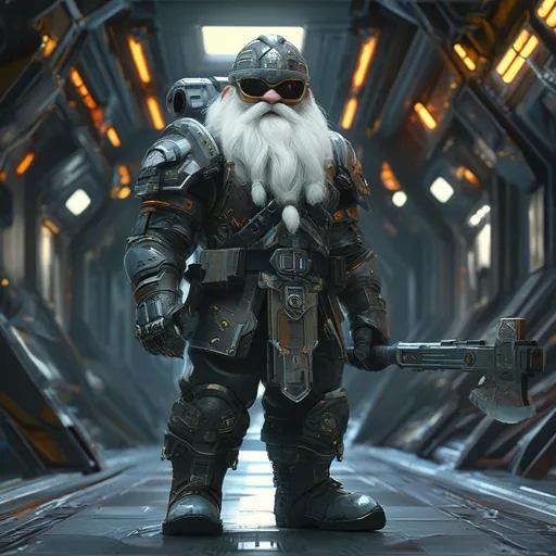 Prompt: Dwarf DND character, (high-tech futuristic space outfit), (ready for battle), (tech battle armor), intricate details, hightech axe at the ready, illuminated armor panels, sleek design, posture of confidence, (space station surroundings), spaceship and blinking control panels in the background, vibrant colors, contrasting shadows, immersive sci-fi ambiance, (4K ultra-detailed), dynamic energy.