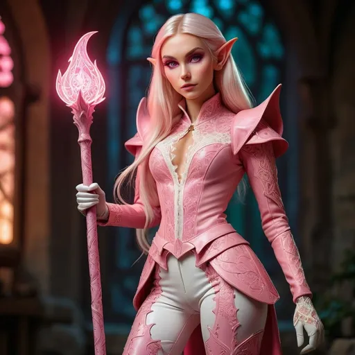 Prompt: gorgeous elf woman in an intricate pink leather suit, medieval fantsay, holding a glowing mages staff,  high-quality, intricate lace boots, white lace gloves, detailed makeup, standing, straight hair, striking pose, vibrant pink tones, professional lighting, ultra-detailed, dignified stance, detailed makeup, professional lighting