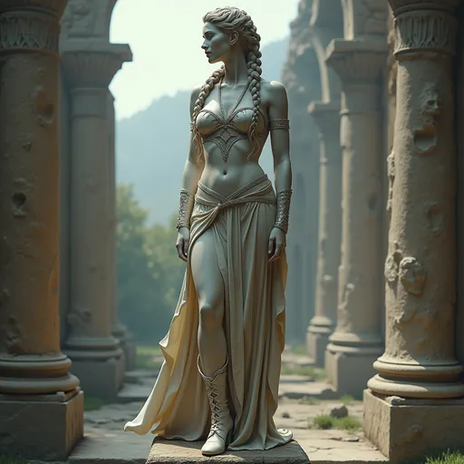 Prompt: realistc, Full body, ((veiny marble statue)) of a (gorgeous mistress) on a pedestal, long braided hair, gorgeous strong face, smooth veiny marble looks, long leather medieval fantasy dress, stunning high heel boots, dominant stance, looking over shoulder, set between ancient ruins, magical spells in the air