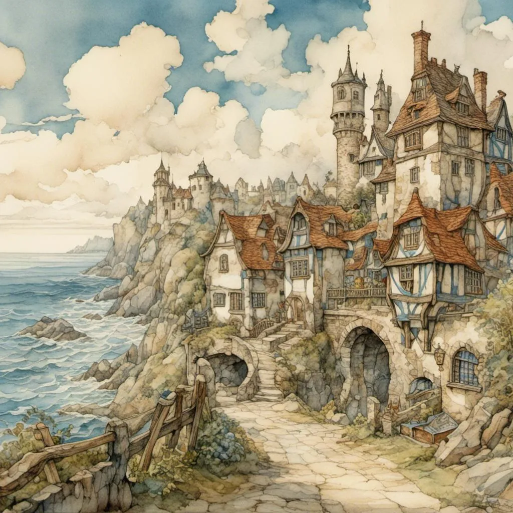 Prompt: <mymodel> coastal road , castle, medieval fantasy, sparkling ocean waves, high quality, realistic, clear blue sky with fluffy clouds, , fresh sea breeze, professional, realistic lighting