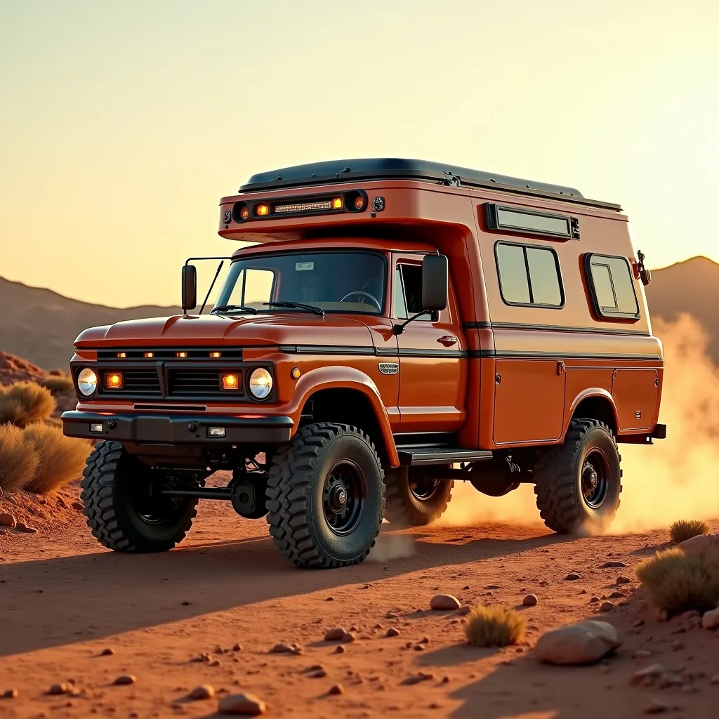 Prompt: (vintage truck transformed into a cozy motorhome), hightech, steering front wheels, large rugged wheels, double rear wheels, adventurous off-road setting, (smooth, rounded curves), sun-drenched landscape, dramatic shadows across the ground, rich earth tones, high quality 4K, ultra-detailed textures, warm and inviting ambiance, perfect for exploration and travel.