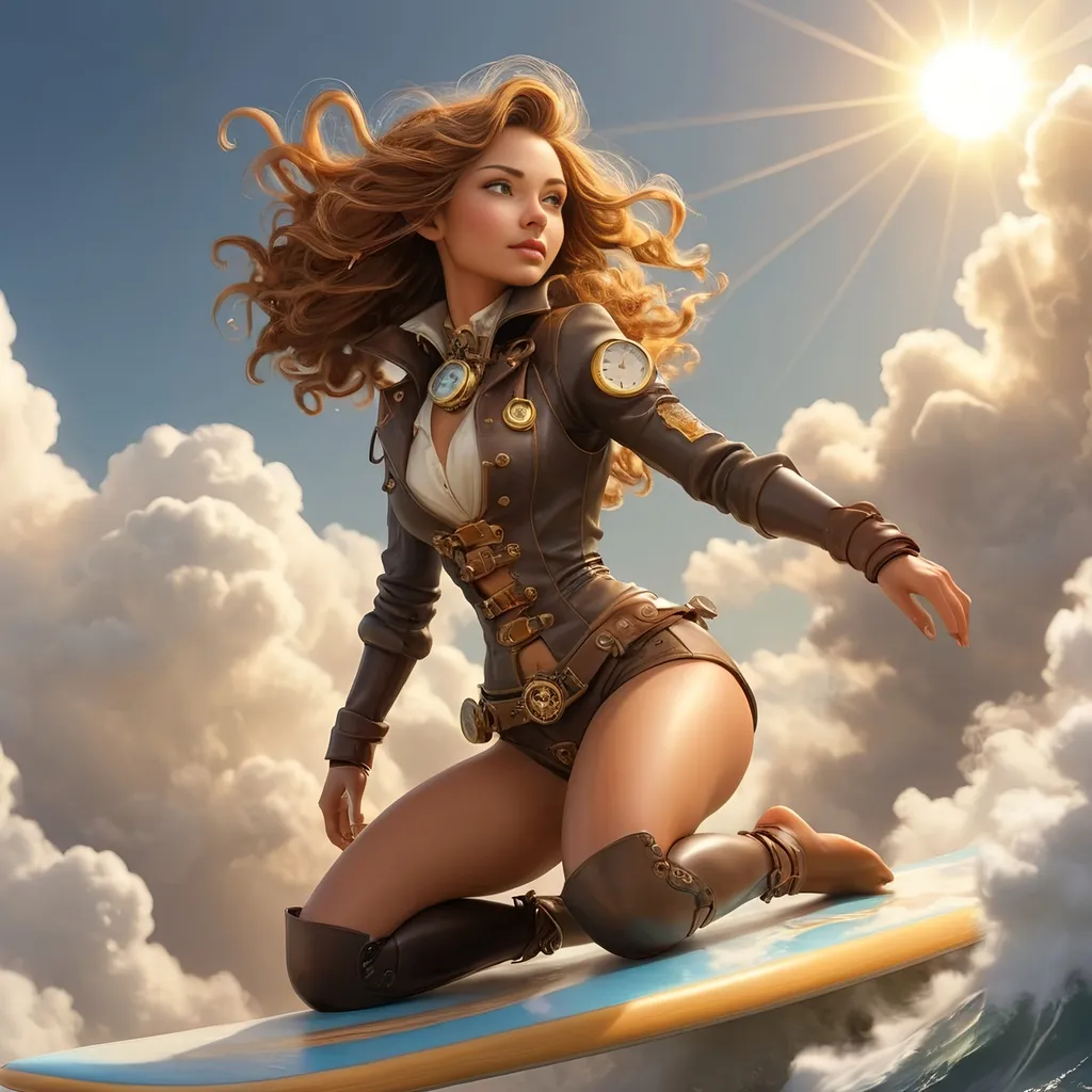 Prompt: female steampunk adventurer surfing on the clouds, high up in the sky, sleek steam punk surfboard, contact with the clouds, golden clouds, sun beams, intricate steampunk gadgets and attire, warm and radiant light, rough admosphere, gorgeous face, fantasy setting, detailed background with sunlit skies and fluffy golden clouds, dynamic and energetic pose, ultra-detailed, 4K, high quality, cinematic colors