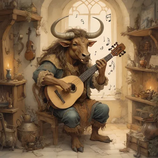 Prompt: DnD minotaur bard playing an instrument, magical musical notes streaming in the air, Anton Pieck style painting, vintage warm tones, intricate details, whimsical fantasy, medieval, high quality, oil painting, good hair, charming, enchanting, intricate details, cozy lighting, hooves