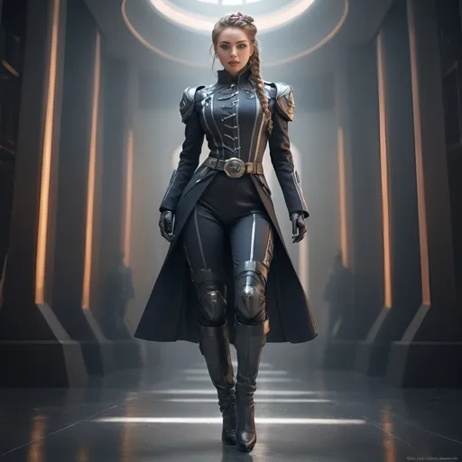 Prompt: photo realistic Full-body female in detailed ceremonial high ranking millitary suit, buttoned coat, futuristic  leather boots, gorgeous face, braided hair, imposing, glowing charm, high-quality, detailed features, elegant pose, magical radiating lines, fantasy, ethereal lighting