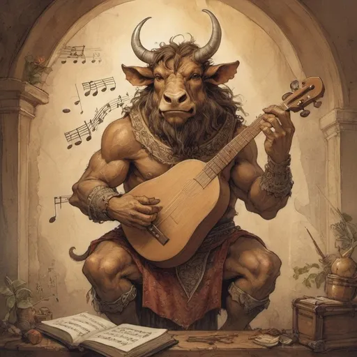 Prompt: DnD minotaur bard playing an instrument, magical musical notes streaming into the air, Anton Pieck style painting, vintage warm tones, intricate details, whimsical fantasy, medieval, high quality, digital art, good hair, charming, enchanting, intricate details, cozy lighting