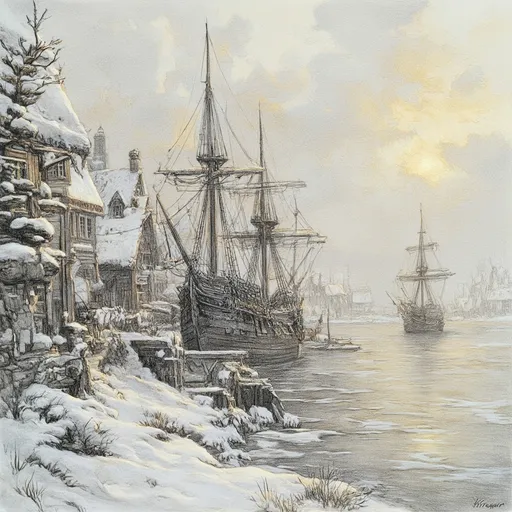 Prompt: coastline view, (medieval fantasy harbor in winter), (pencil drawing), detailed ships docked at a snowy and ice-covered shipyard, intricate Anton Pieck elements, golden clouds casting a warm glow over the scene, soft shadows, picturesque winter ambiance, whimsical atmosphere, high depth, ultra-detailed, enchanting scenery, evoking nostalgia and magic.