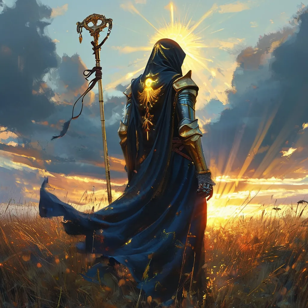 Prompt: healer DnD character, (healing shimerign glow) enveloping heavenly figure, (golden illuminating Staff) poised for action, in the field of battle, (medieval fantasy) atmosphere, mysterious aura surrounding the character, high detail textures, intrigue, sun rays, (4K resolution) for a captivating and immersive scene.