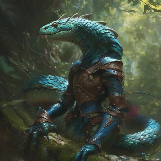 Prompt: humanoid snake hybrid, blue and green scales, medieval fantasy setting, dynamic pose, wearing intricate leather armor, scales glistening under soft light, vibrant green foliage in the background, whimsical atmosphere, fantastical elements around her, high-quality illustration, mystical ambiance, nature entwined with armor, (Dramatic color contrast).