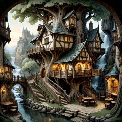 Prompt: Anton Pieck style illustration of a large medieval fantasy treehouse tavern build in a large continuous willowing tree at night, stony, inviting entrance with bridge, terrasse,  connected paths, high in the mountains, flowing stream, waterfall, vintage paper texture, intricate line work, high detail, mystical atmosphere, warm and nostalgic tones, soft lighting, high quality, warm window lighting, romantic