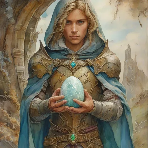 Prompt: (pencil watercolor painting) Justin Gerard style, D&D character paladin, holding a crystal dragon egg, (magical aura) glows softly around the paladin, intricate armor details and flamboyant cape, enchanting landscape background with fantasy elements, muted pastels and vibrant highlights, ethereal lighting creates a sense of wonder, ultra-detailed, inviting a narrative spirit and fantasy adventure.