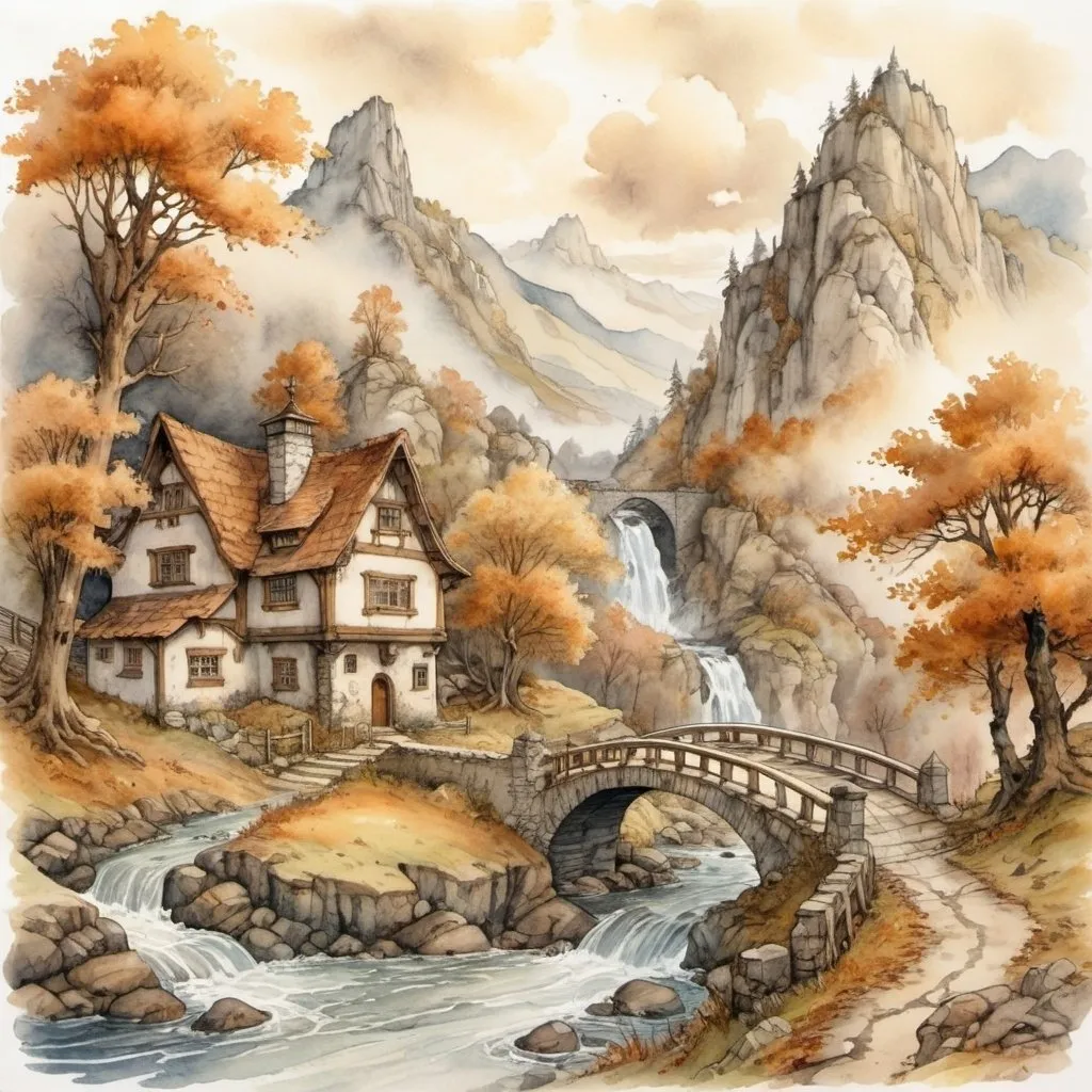 Prompt: Anton Pieck style, medieval fantasy watercolor mountain landscape, humble farmstead, connected roads autum, brown leaves, wind, Wild water river, waterfalls, Bridge, detailed stone, mysterious, foggy, sweeping golden clouds, professional quality, 