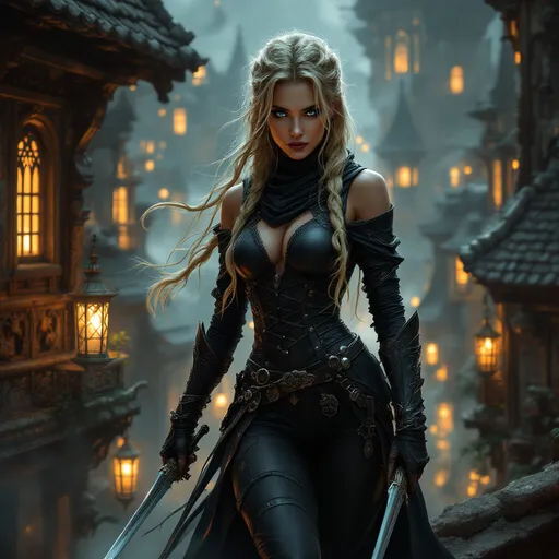 Prompt: digtial art, stunningly beautiful blond braided assassin, lovely face, clad in dark leather clothes like billowing smoke, only light comes from the houses below, dark tones, poised on the rooftops of a medieval fantasy town, daggers at the ready,  dramatic emerging from the shadows, shadows casting a mysterious atmosphere, richly textured architecture in the background, tension-filled ambiance, dynamic pose ready for action.