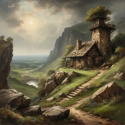 Prompt: (An oil painting of a rocky landscape with a hunting cabin and a lookout tower) in medieval fantasy style, john constable, dramatic lighting, lush green hills, earthy brown tones, detailed textures, enchanting atmosphere, foggy valleys, ancient stone structures, wildflowers, rustic charm, overcast sky, ultra-detailed, high resolution, masterpiece quality, deep shadows যে rich contrast, realistic proportions, intricate details, nature's grandeur