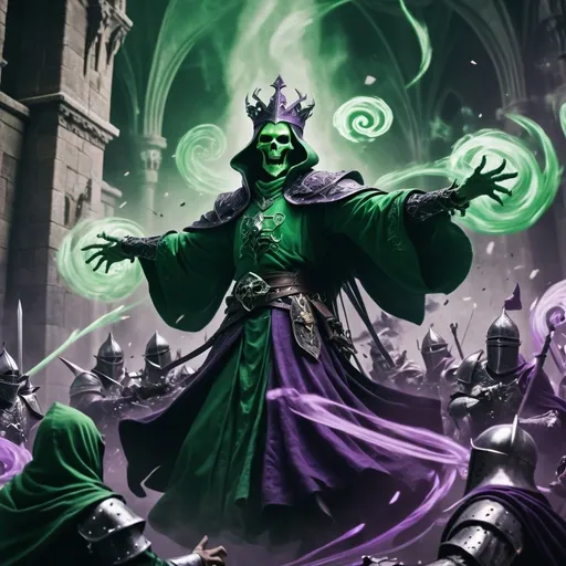Prompt: skirmish  between Sinister DnD character Lich hovering in the air battling and some knights, robes, battle scene, worriors, knights, magical swirls, green and purple tints, intense aura, high contrast, fantasy, highres, detailed, sinister, magical, dark castle, battle, DnD, green tones, swirling magic, intense lighting