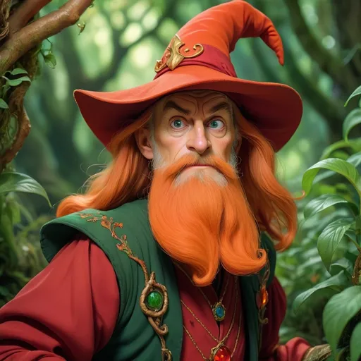 Prompt: (rincewind, Terry Pratchett character), 
 young apprentice wizard, orange beard, frighted face, (overgrown) red gown, whimsical setting, lush greenery, vibrant colors, magical ambiance, expressive gesture, comedic posture, detailed fabric texture, enchanted atmosphere, overall fantasy theme, high quality, ultra-detailed, warm lighting, adventure vibes, dynamic composition.