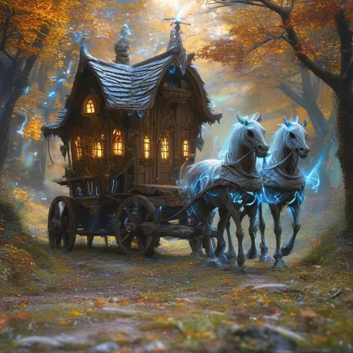 Prompt: (a grand magical wooden carridge), pulled by two skeletal horses, two story, medieval fantasy, glowing runes, swirling magical energy, vibrant colors, enchanting atmosphere, stones lining the rustic country road, atmospheric lighting with soft warm tones, detailed craftsmanship of wagon, elaborate carvings, ultra-detailed, dynamic energy showcasing active spells, an air of adventure and mystique.