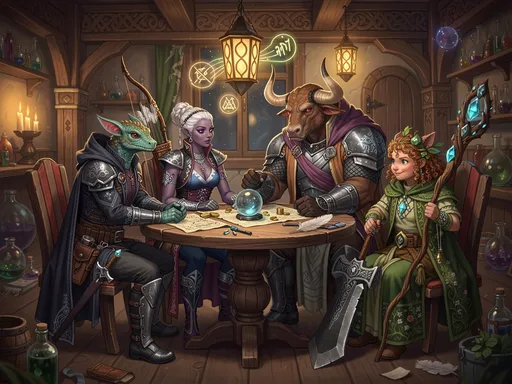 Prompt: Envision a digital sketch with a realistic looking aspect, capturing a medieval fantasy group of adventureres adorned in intricate clothing of their profession. Haut couture fashion ideas blending seamlessly with the practicality of adventuring gear. showing the many attributes and stylishness for the contemporary adevnturer. The design features a practical but stylish outfit. styled to impress. The whole picture is situated in a fantsay styled inn with many wooden and magical elements. the group consists of a male kobold thief, a female dark elf archer, a minotaur fighter and a gnome druid. sitting at a table discussing their plans. To enhance the atmosphere, the style leans towards vibrant, painterly textures, reminiscent of classic fantasy illustrations.