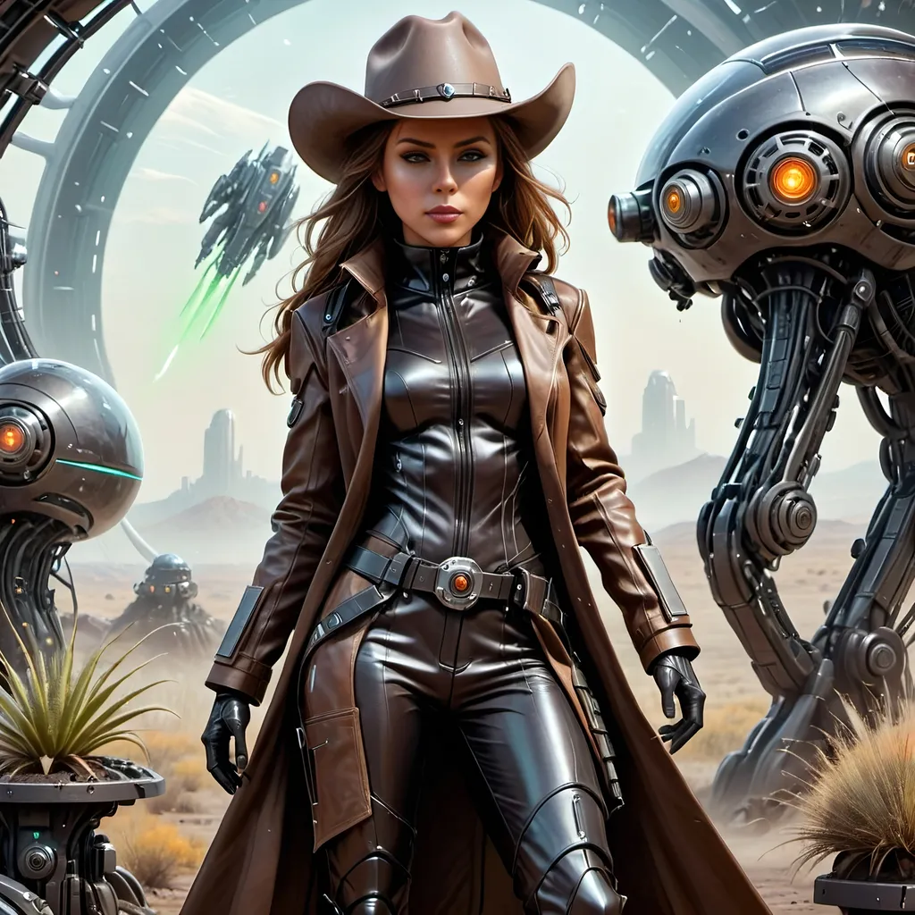 Prompt: full body Cowgirl in futuristic sci-fi setting, cowboy hat,  high-tech materials, detailed cowgirl outfit with leather duster trenchcoat, overcoat, intense and confident expression, alien planet, alien animals, bionic inplants on the face, high-res, ultra-detailed, sci-fi, laser guns, sciborg, futuristic, cowgirl, high-tech, detailed outfit, atmospheric lighting