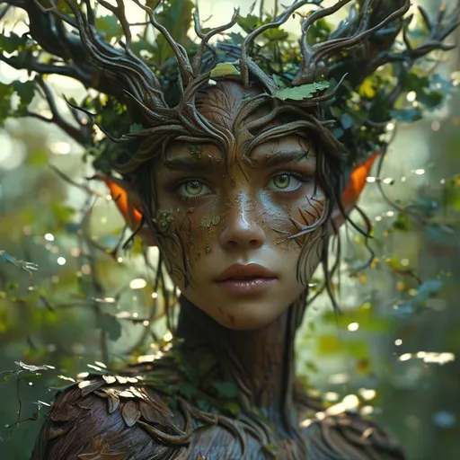 Prompt: full body, (breathtaking concept of dryads), glowing eyes, emerging from an enchanted forest, (bark-like skin), intricate detailing of branches and leaves covering their forms, (medieval fantasy), moody and mystical ambiance, dappled sunlight filtering through the foliage, (4K), ultra-detailed texture, capturing the ethereal beauty and ancient wisdom of nature, deep greens and browns blending harmoniously in the scene.