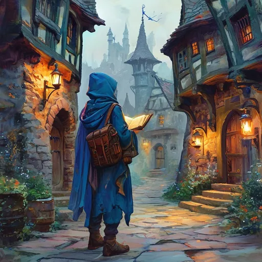 Prompt: (watercolor DnD young wizard's apprentice), spellbook, (spell illumination in the air), medieval fantasy, (small village setting), enchanting atmosphere, detailed expressions, vibrant and mystical colors, traditional attire, ancient spell symbols, light surrounding the spells, detailed stone and wood houses, lantern-lit pathways, magical aura, ultra-detailed, high quality, masterpiece, vivid and ethereal lights