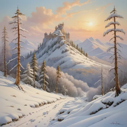 Prompt: winding snowfilled track in a open momothtree forest, oil painting painting, animal tracks, deep snow, low sun shining, drifting clouds, high quality,  snowy, mountains, sunlit, serene, peaceful, scenic, soft colors, artistic, drifting clouds, winter scene, snow, ice, anton pieck style citadel in the distance