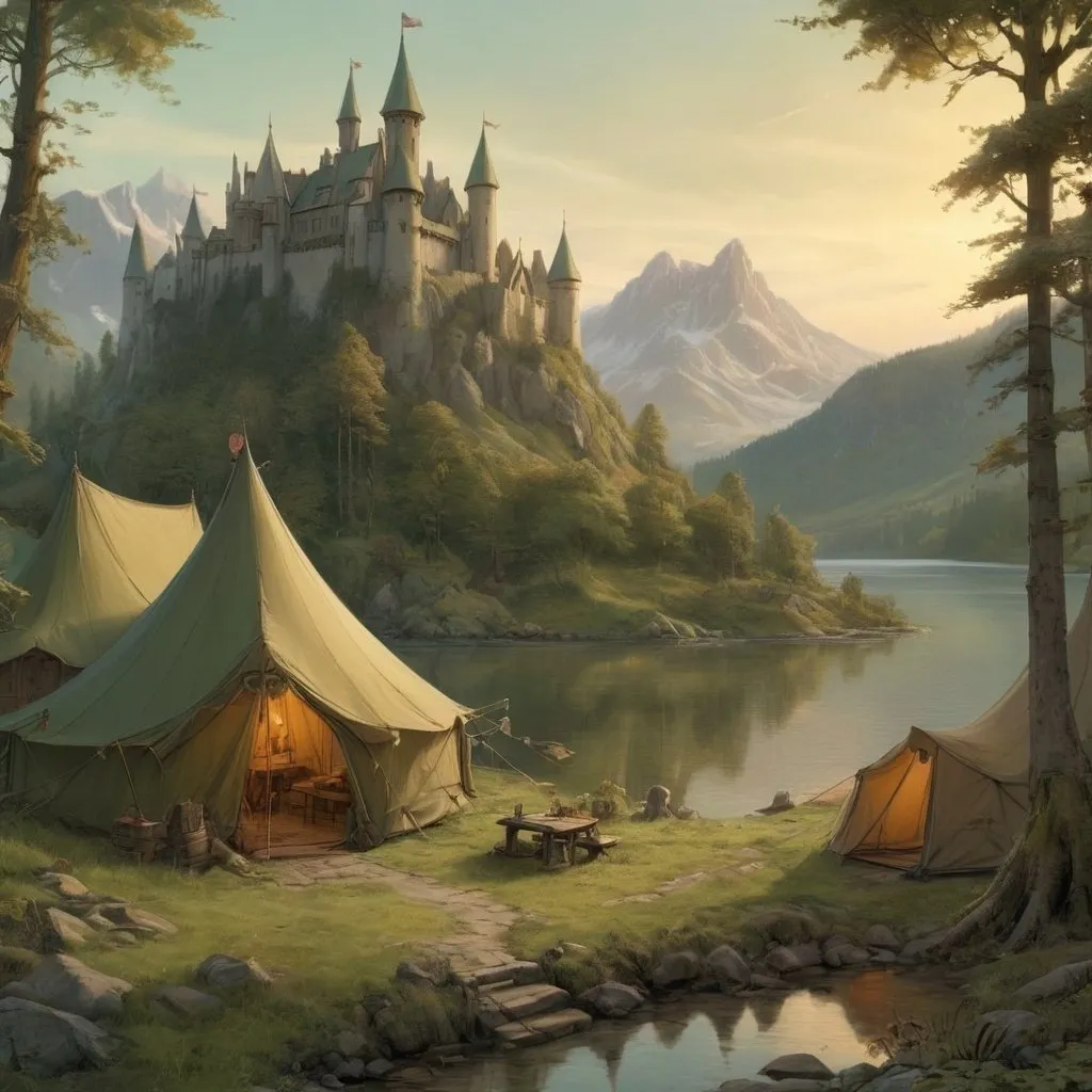 Prompt: Anton Pieck style sketch of a medieval fantasy campsite, dnd style characters, big tents, dense forest, lake, distant mountains, sunrise, castle in distance, detailed sketch, vintage, forest green and earthy tones, warm lighting, quaint