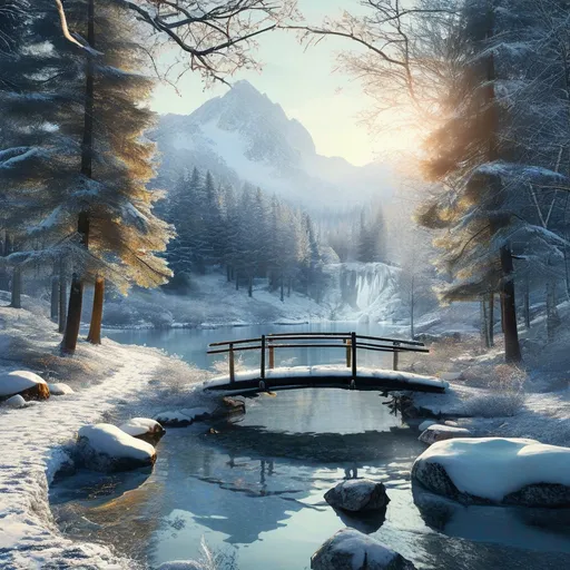 Prompt: Macro Winter scene, (serene forest path), small mountain lake, (snow-covered banks), log bridge, mountainous landscape, sparkling icy waterfall, (snow-clad trees), golden sun rays filtering through branches, tranquil ambiance, cool tones with bright white snow, soft shadows, dreamy atmosphere, detailed textures, (4K), ultra-detailed, enchanting winter landscapes.