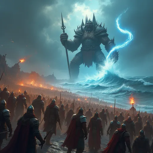 Prompt: erial view, grant armies, (battle scene featuring) sea giants, (medieval fantasy) warriors clashing, great armies gathered, powerful DnD characters, dynamic magical spells soaring through the air, tumultuous waves crashing, dramatic stormy skies above, intense action and chaos, detailed armor and weaponry, ethereal light from spells, vivid colors, ultra-detailed, immersive atmosphere.