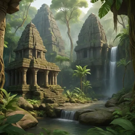 Prompt: Indian jungle temple complex, lush green tropical, nature, water stream, waterfall, ancient stone, high quality, realistic, tropical, ancient, detailed foliage, serene atmosphere, natural lighting, magical light, 