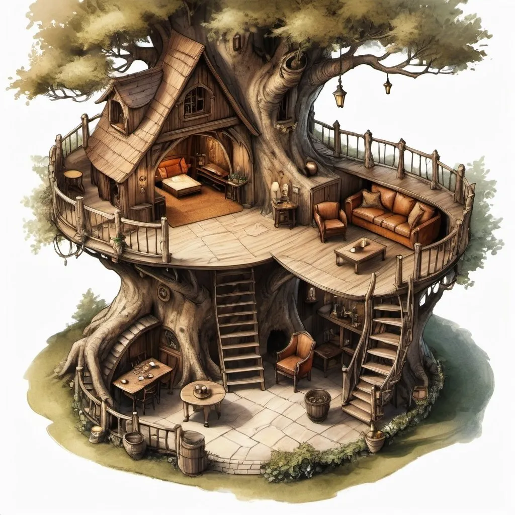 Prompt: Top view floor plan of a medieval fantasy room of a treehouse inside a tree, Anton Pieck style sketch, detailed interior layout, cozy and rustic atmosphere, warm earthy tones, intricate wooden furniture, chairs and tables, entrance, common room, crackling fireplace, drinks and meals, whimsical decorations, high quality, detailed sketch, antique style, rustic, cozy atmosphere, warm earthy tones, detailed interior,  whimsical decorations