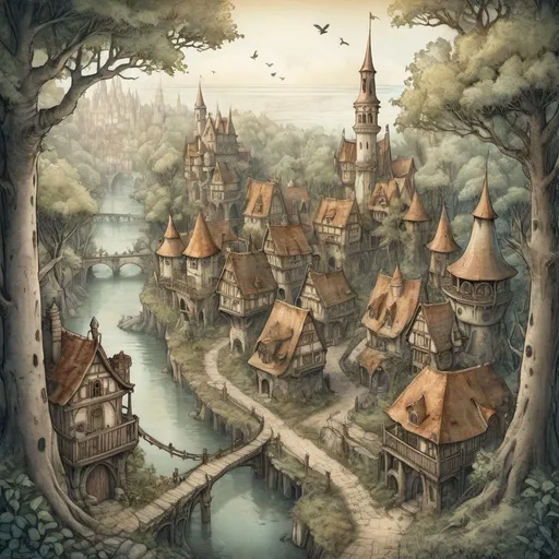 Prompt: Anton Pieck style illustration of an elfen medieval fantasy city in the trees, birds eye view, in the forrest, vintage paper texture, intricate line work, high detail, mystical atmosphere, warm and nostalgic tones, soft lighting, high quality, magical artifacts, nostalgic, warm tones, soft lighting