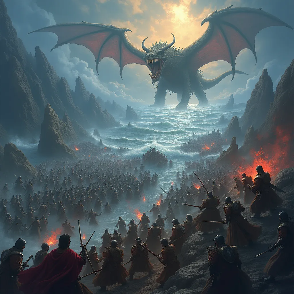 Prompt: aerial view, grant armies, (battle scene featuring) sea monsters, (medieval fantasy) warriors clashing, great armies gathered, powerful DnD characters, dynamic magical spells soaring through the air, tumultuous waves crashing, dramatic stormy skies above, intense action and chaos, detailed armor and weaponry, ethereal light from spells, vivid colors, ultra-detailed, immersive atmosphere.