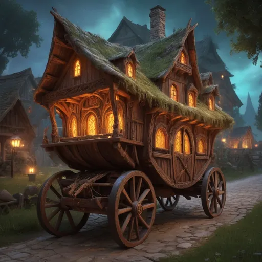 Prompt: (a grand magical wooden carridge), two story, medieval fantasy, glowing runes, swirling magical energy, vibrant colors, enchanting atmosphere, stones lining the rustic country road, atmospheric lighting with soft warm tones, detailed craftsmanship of wagon, elaborate carvings, ultra-detailed, dynamic energy showcasing active spells, an air of adventure and mystique.