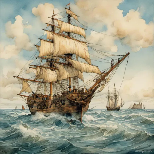 Prompt: <mymodel>Sailing ship on sunny windy day, wooden ship with billowing sails, sparkling ocean waves, high quality, realistic, maritime painting, warm tones, sunlight filtering through the sails, detailed rigging and masts, clear blue sky with fluffy clouds, distant coastline, fresh sea breeze, professional, realistic lighting